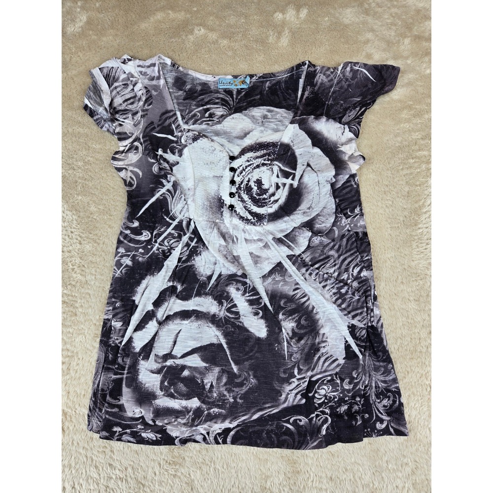 Unity World Wear Petite Black White Floral Rose Sequin Tunic‎ Top Cap Sleeve PM